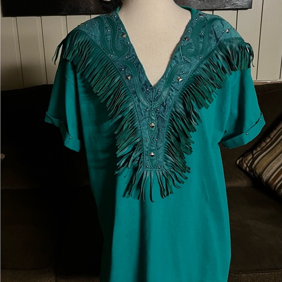 Rare XPeriance Ine Suze Turquoise Western Shirt W/Fringe & Studs - Picture 5 of 16